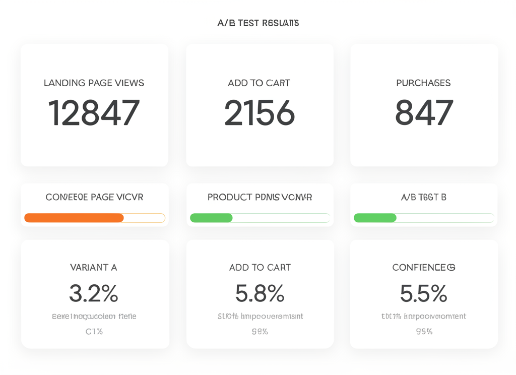 Conversion Rate Optimisation Dashboard showing funnel metrics from landing page views to purchases, with A/B test results displaying variant performance and conversion rate improvements